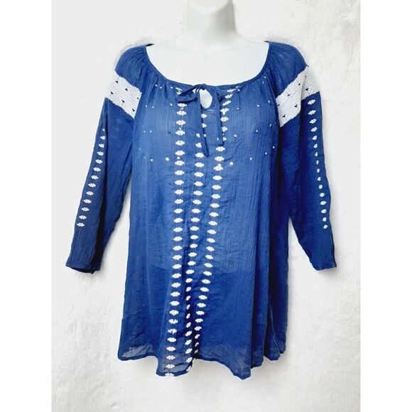 Gap 100% cotton blue semi sheer large sequin embroidered bohemian top - Picture 1 of 3
